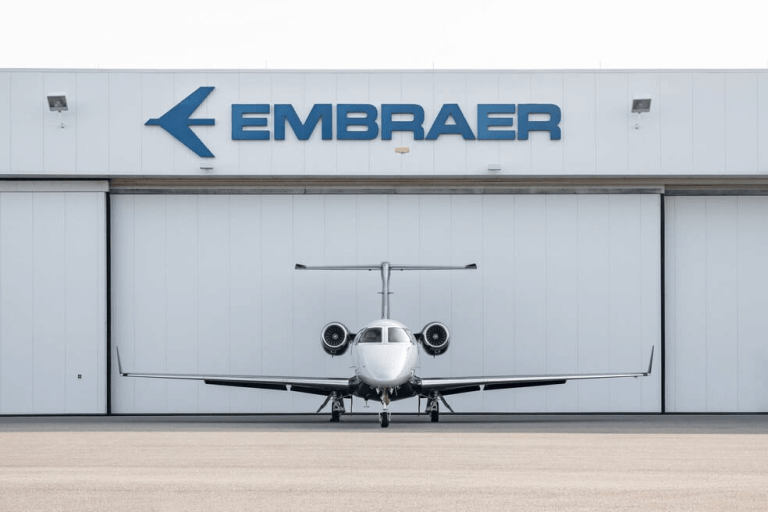 Foto de aeronave da Embraer em frente a galpão da companhia, com logo