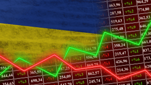 Ilustração sobre mercado financeiro com cotações, linhas de gráfico e bandeira da Ucrânia