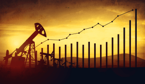 Ilustração com poços de petróleo e gráfico de alta nos preços