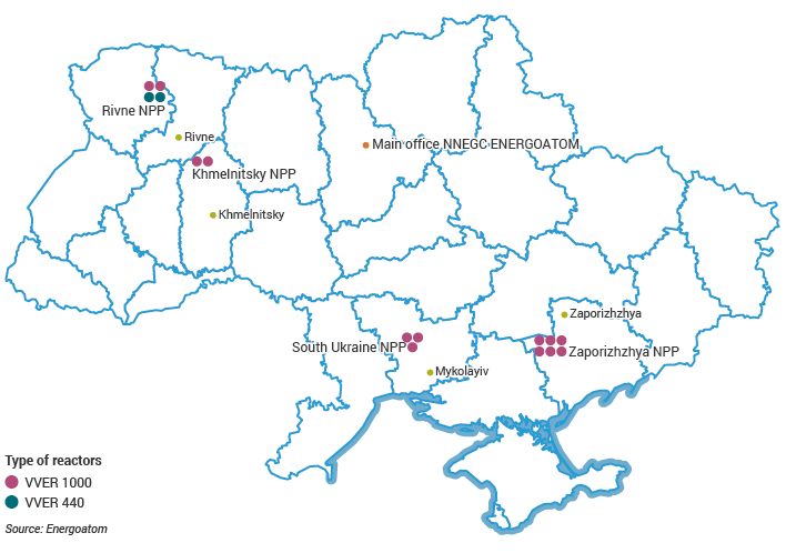 mapa com reatores nucleares da ucrânia