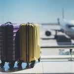duas malas de bagagem com avião ao fundo