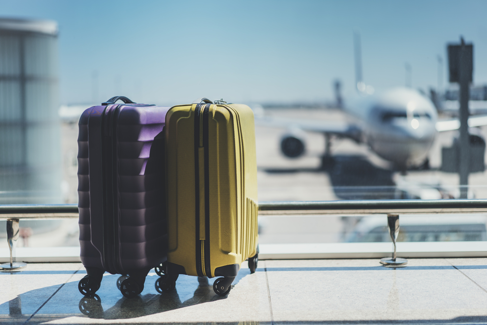 duas malas de bagagem com avião ao fundo