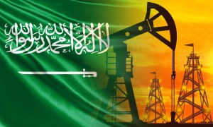 montagem com bandeira da Arábia Saudita e foto de poço de petróleo