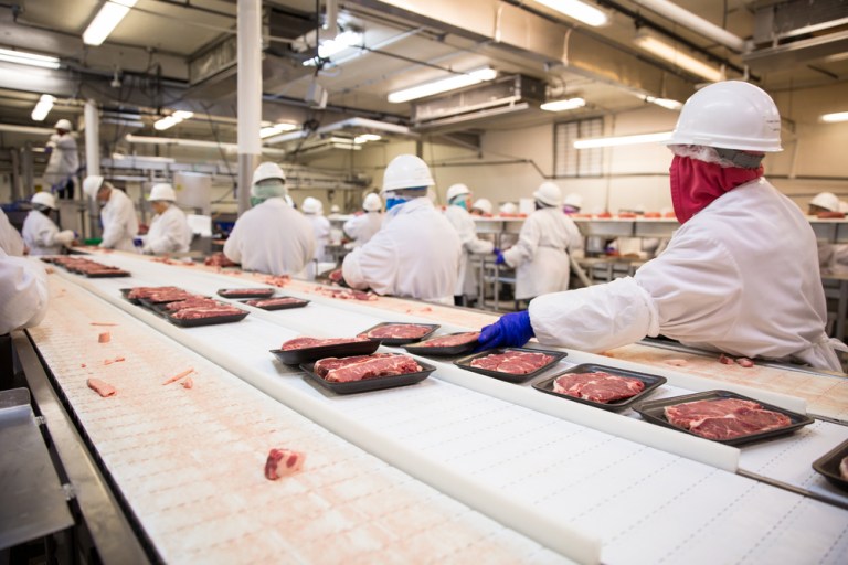 Foto de trabalhadores organizando embalagens de carne em fábrica