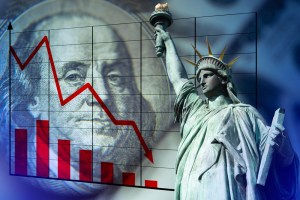 imagem mostrando queda em gráfico financeiro, associada a imagens do dólar e da estátua da liberdade
