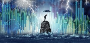 Executivo segurando guarda-chuva em meio à chuva com cotações mostrando volatilidade ao fundo