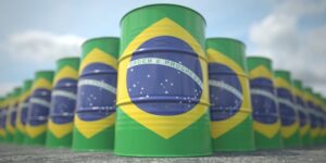 Barris de petróleo com a bandeira do Brasil